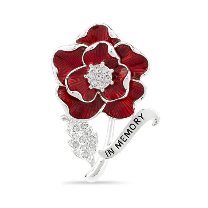 In Memory Scroll Crystal Leaf Poppy Brooch
