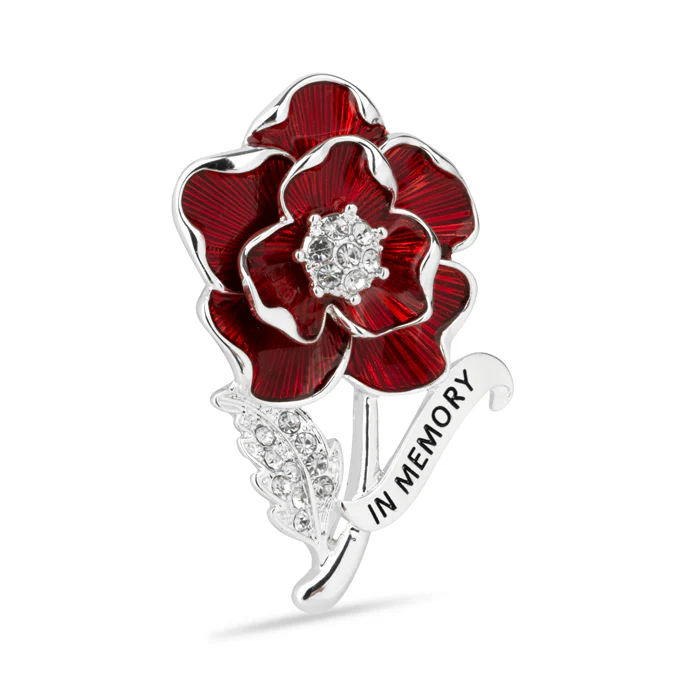 In Memory Scroll Crystal Leaf Poppy Brooch - Image 2