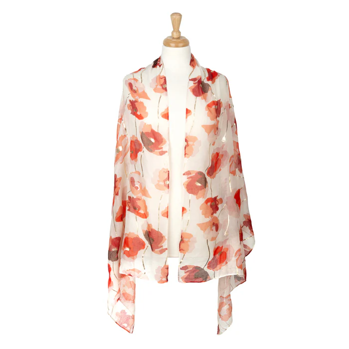 Watercolour Poppies Foil Cream Lightweight Scarf - Image 3