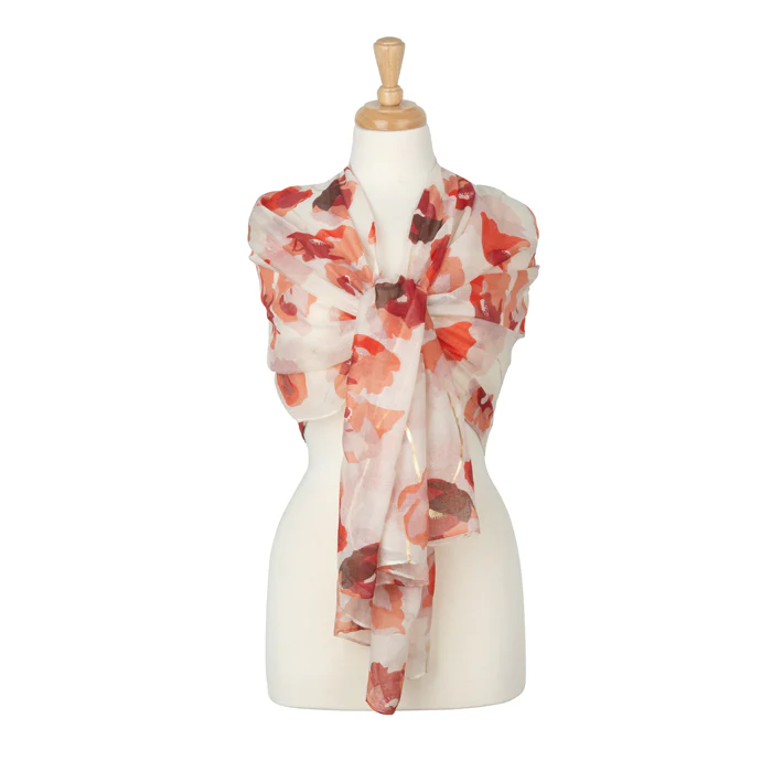 Watercolour Poppies Foil Cream Lightweight Scarf - Image 4